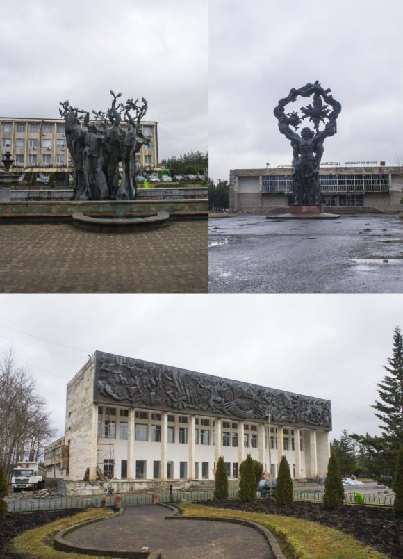 Хоби встретил очередными демоническими памятниками справа памятник Прометею, внизу - театр с металлическим барельефом, перед ним (в левом углу) фонтан 