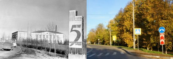 Перекресток улиц Чехова и Солнышевской. На фотографии 1971-го года деревья совсем еще маленькие и хорошо видно здание Горкомом КПСС.